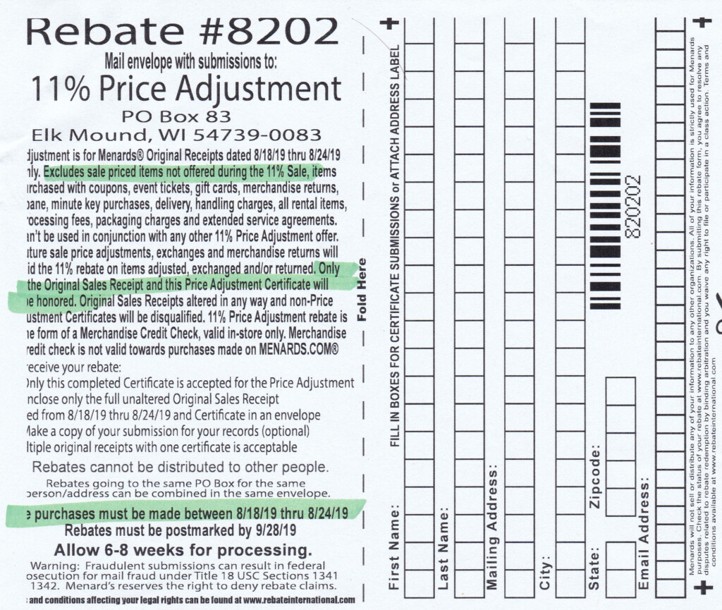 Menards 11 Price Adjustment Rebate 8202 Purchases 8 18 19 8 24 19 