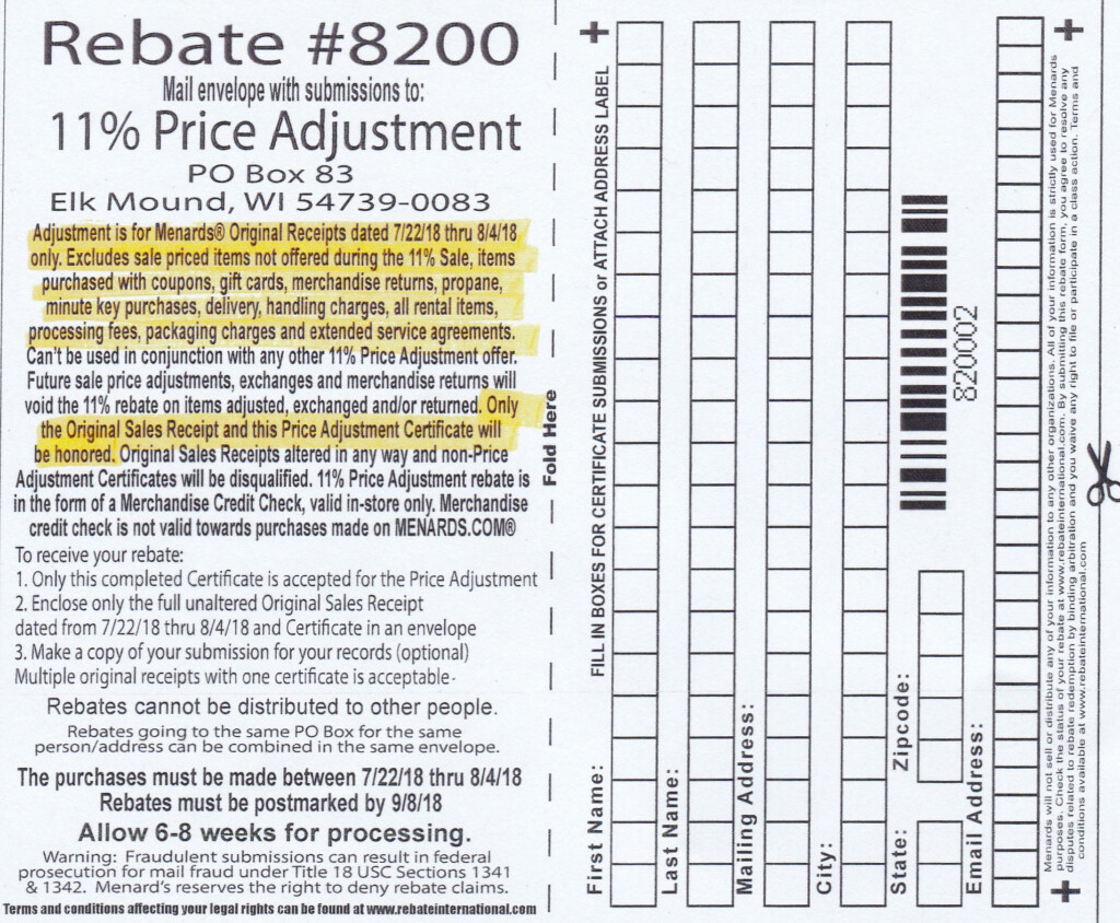 Menards 11 Price Adjustment Rebate 8200 Purchases 7 22 18 8 4 18