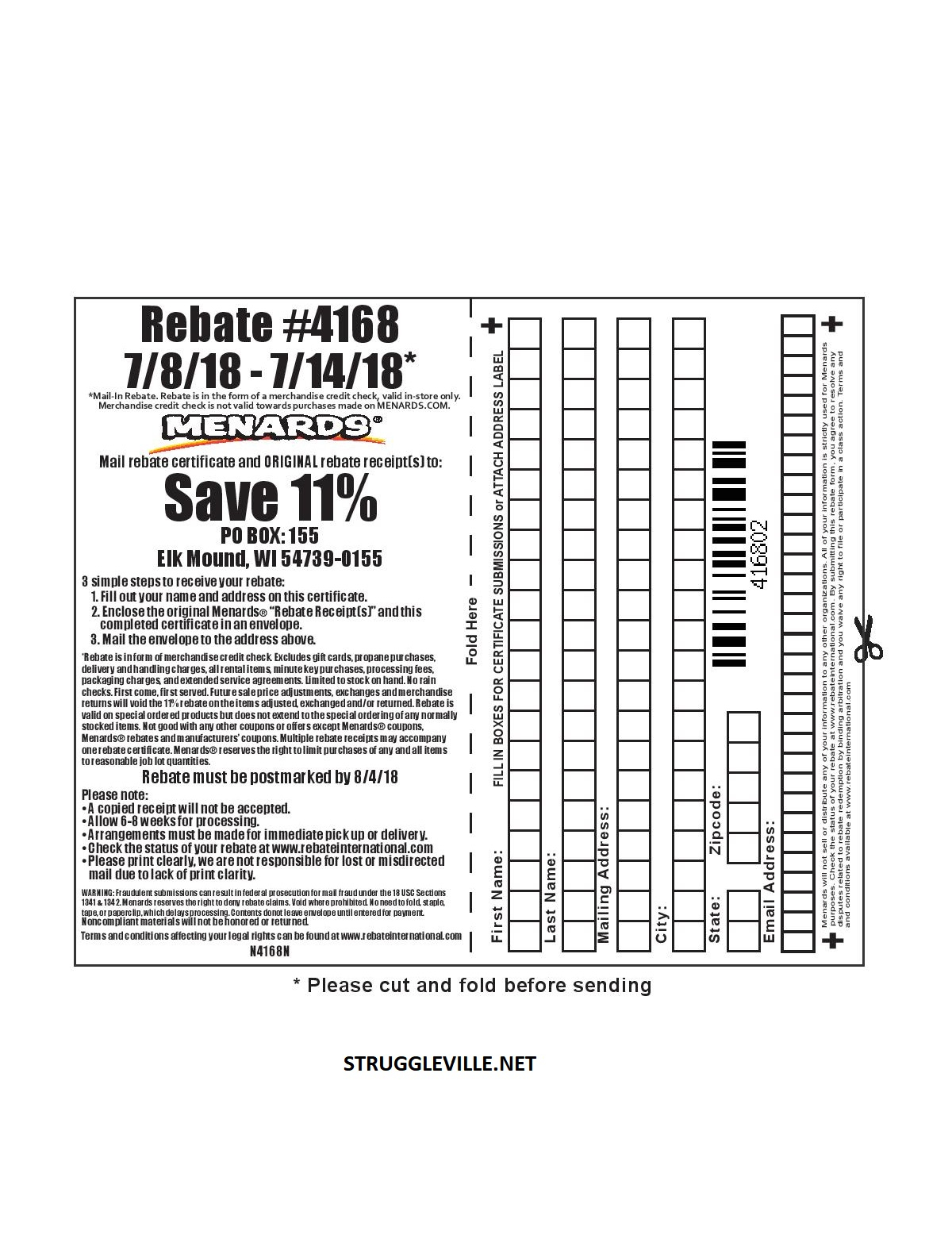 Menards 11 Rebate 4168 Purchases 7 8 18 7 14 18